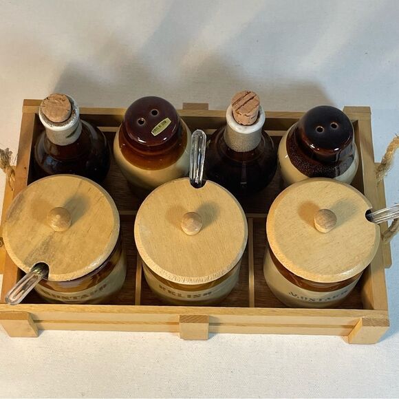 Vintage Table top relish condiments set with wooden caddy by Le Gran imports - Picture 13 of 15